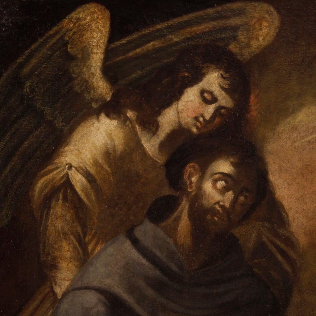 17th Century Oil on Canvas Spanish Religious Painting St. Francis with Angel 4