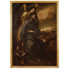 17th Century Oil on Canvas Spanish Religious Painting St. Francis with Angel