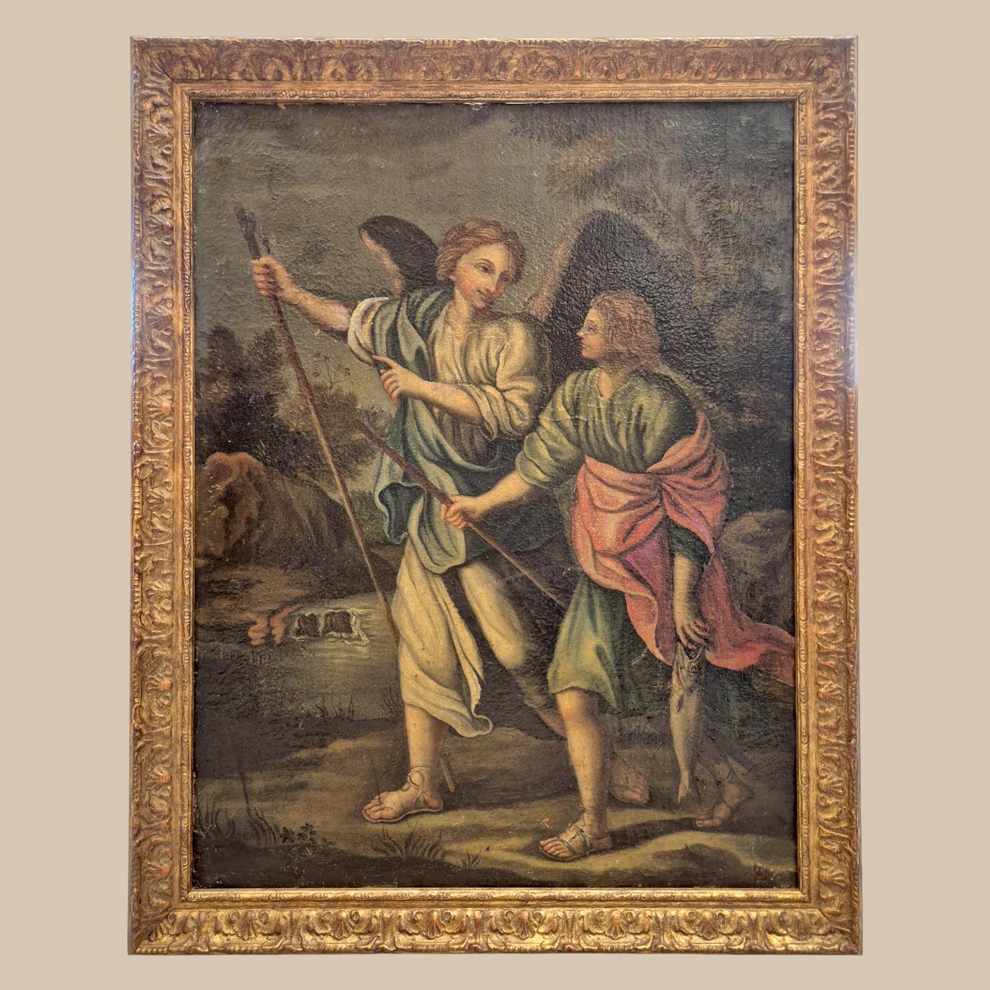 The Archangel Raphael and Tobias, 17th-Century School
Oil on canvas

This 17th-century painting depicts one of the most renowned episodes from the Book of Tobit: the young Tobias, accompanied by the Archangel Raphael, holding the miraculous fish.
