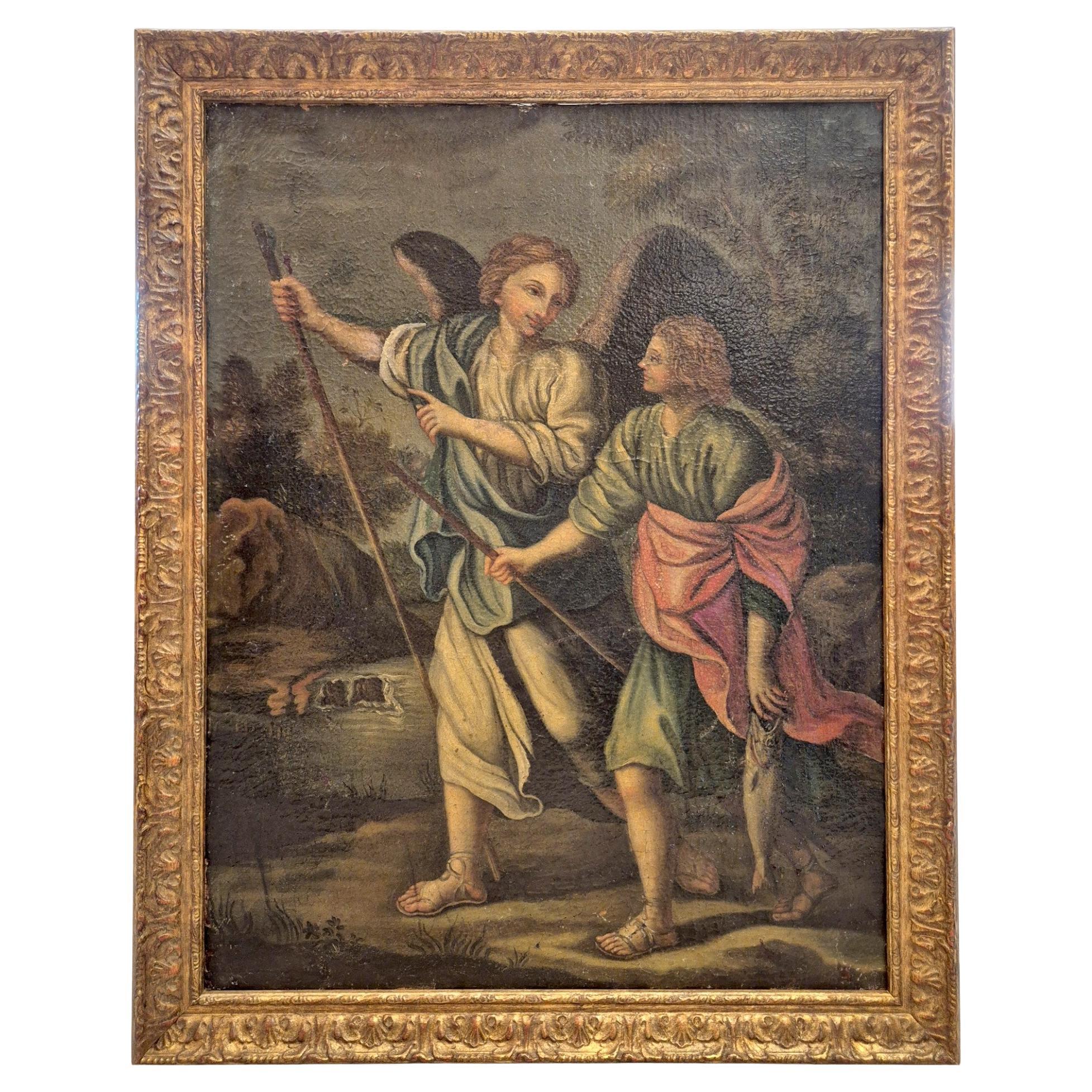 17th Century Oil-on-Canvas "The Archangel Raphael with Tobit" For Sale