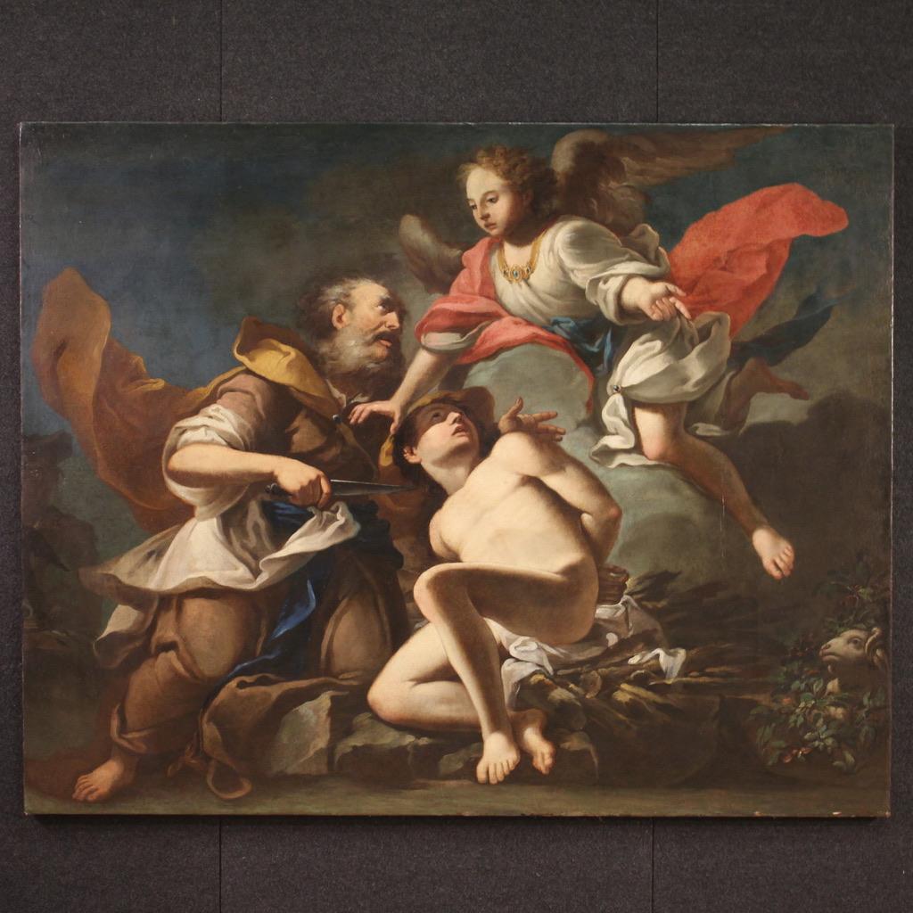 Venetian school of the 17th century. Great oil on canvas artwork depicting a biblical episode, the sacrifice of Isaac. To test the faith of Abraham, a just and devout man, God orders him to sacrifice his own son. As he is about to carry out the