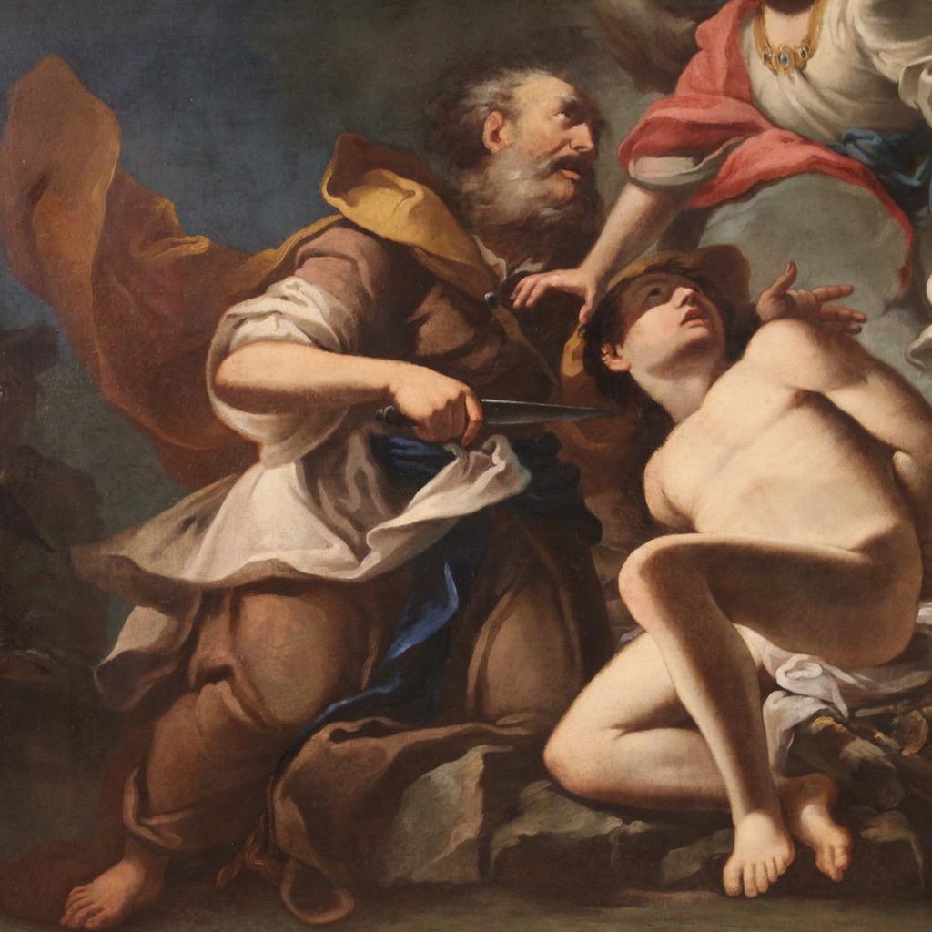 Oiled 17th Century Oil on Canvas Venetian Antique Painting The Sacrifice of Isaac 1670 For Sale