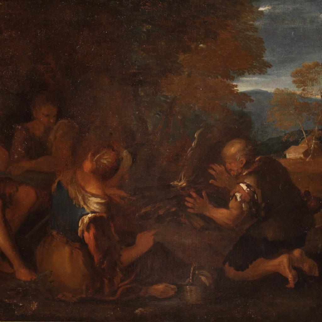 Antikes italienisches Gemälde aus dem 17. Jahrhundert. Öl auf Leinwand, das eine Landschaft mit Figuren aus der venezianischen Schule darstellt, von guter malerischer Qualität. Wir sehen vier Personen um das Feuer, vielleicht Bauern oder Wanderer,