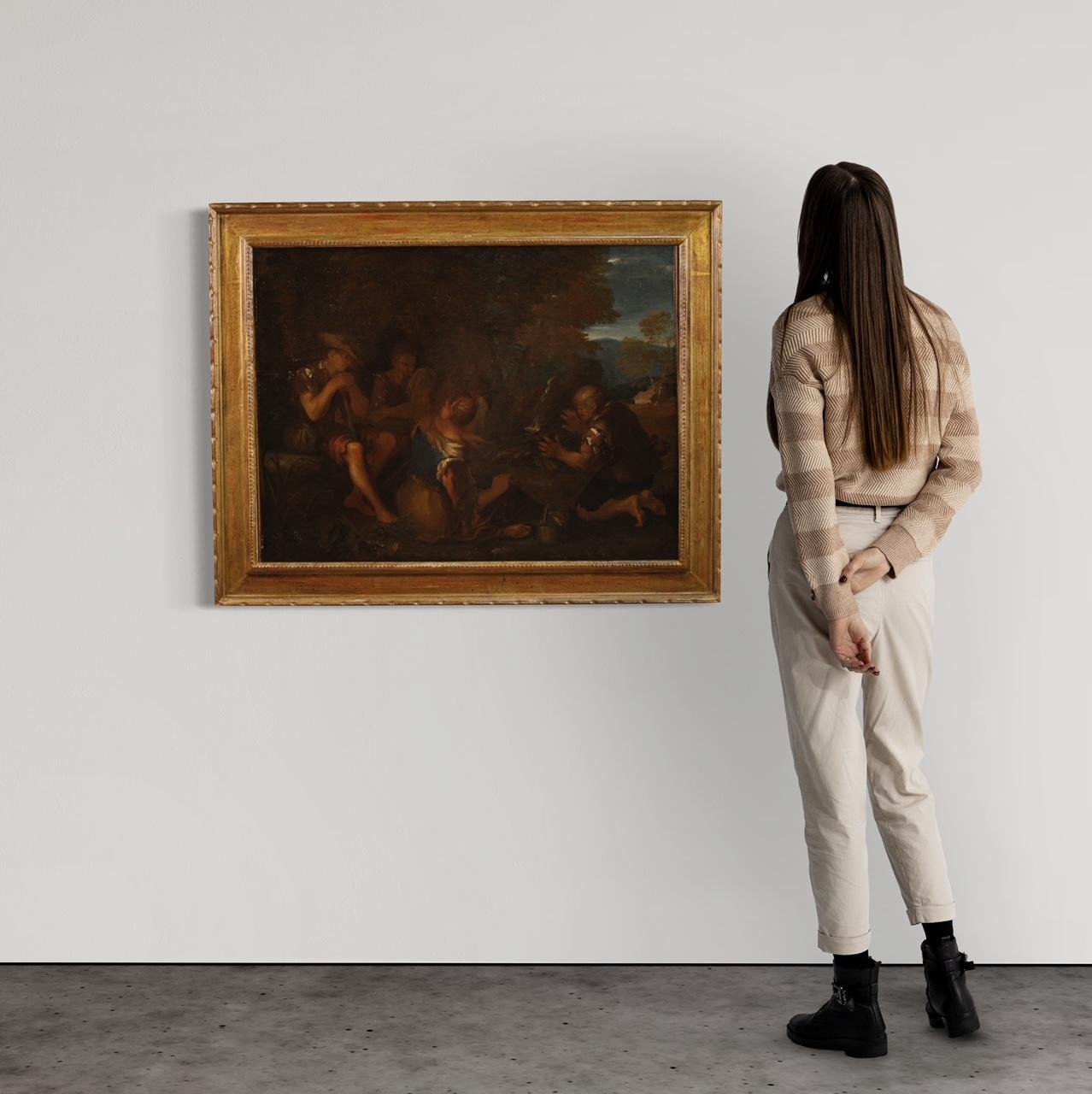 17. Jahrhundert Öl auf Leinwand Landschaft im venezianischen Stil mit Figuren Gemälde (Italian) im Angebot