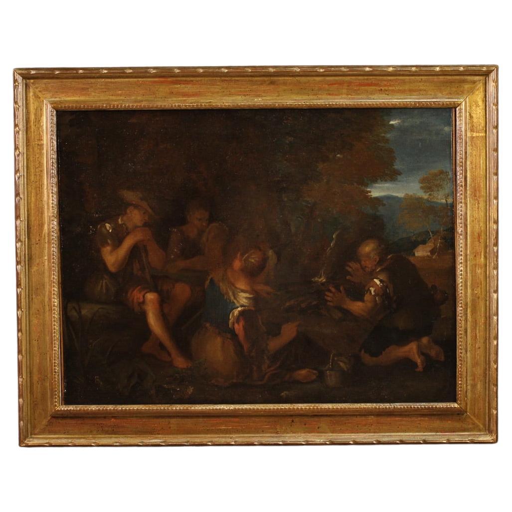 17th Century Oil on Canvas Venetian Style Landscape with Characters Painting