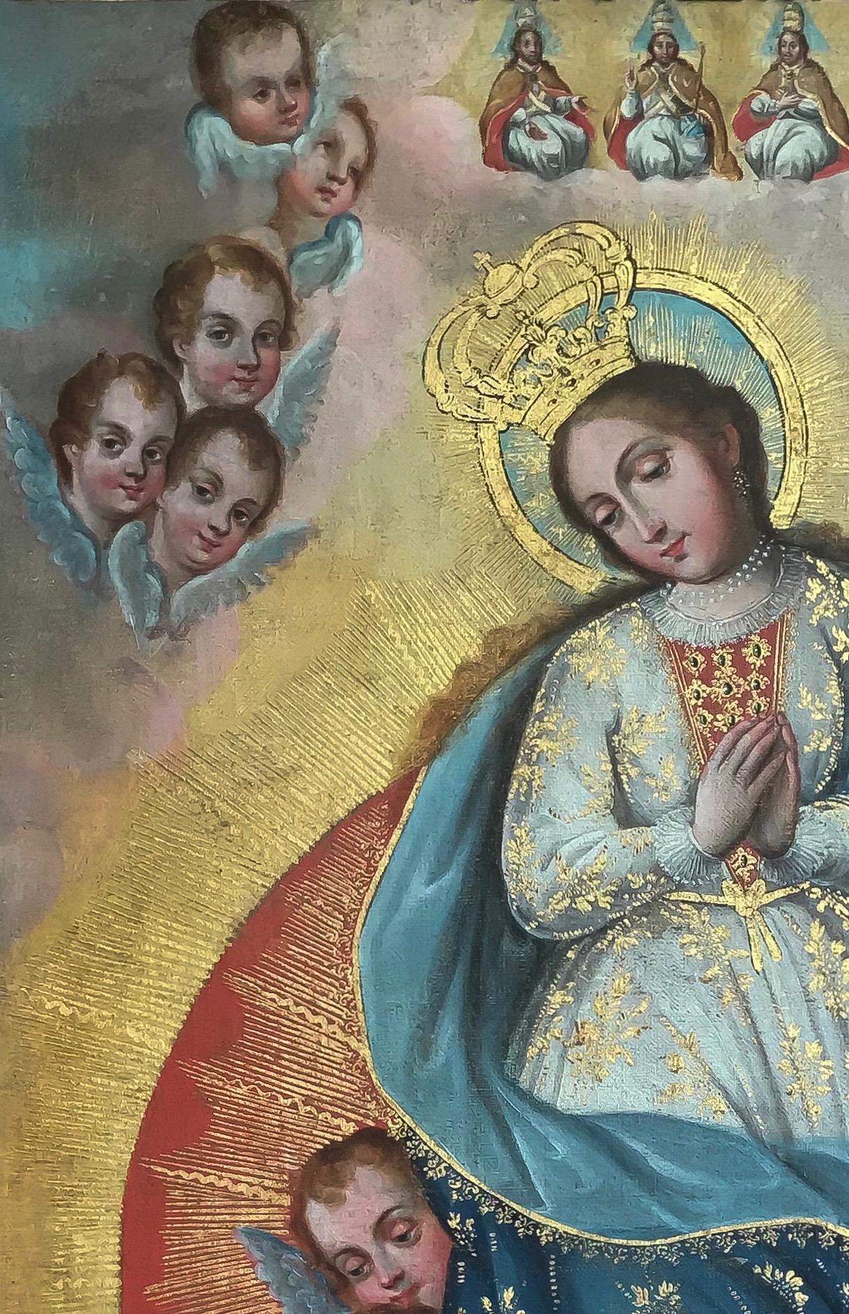 Spanish Colonial 17th Century, Oil on Canvas with Gold Leaf, Virgin of the Little Angels