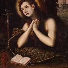 óleo sobre cobre del siglo XVII Pintura antigua italiana Magdalena penitente, 1640