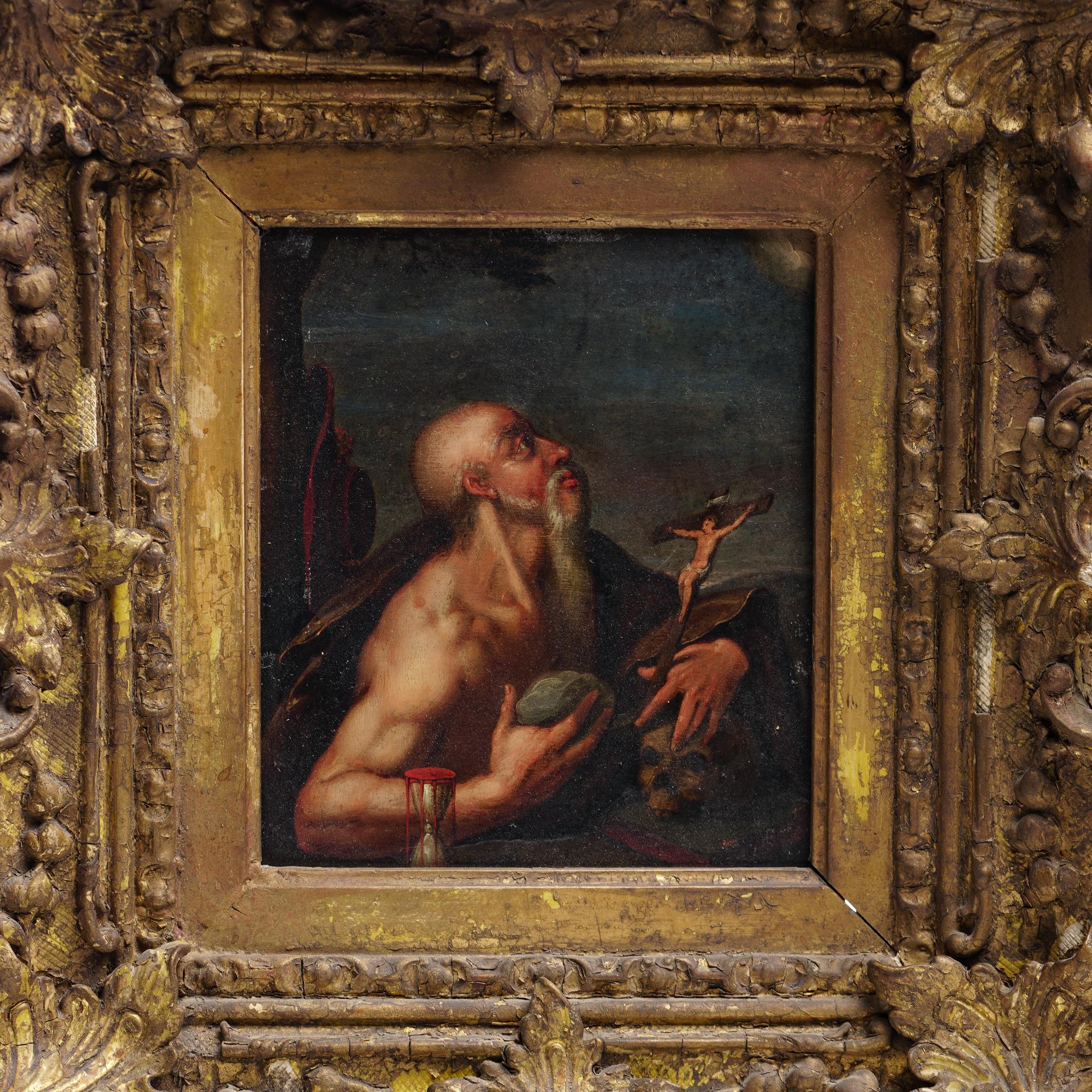 Européen Portrait à l'huile sur cuivre du 17e siècle - Saint Jérôme en vente
