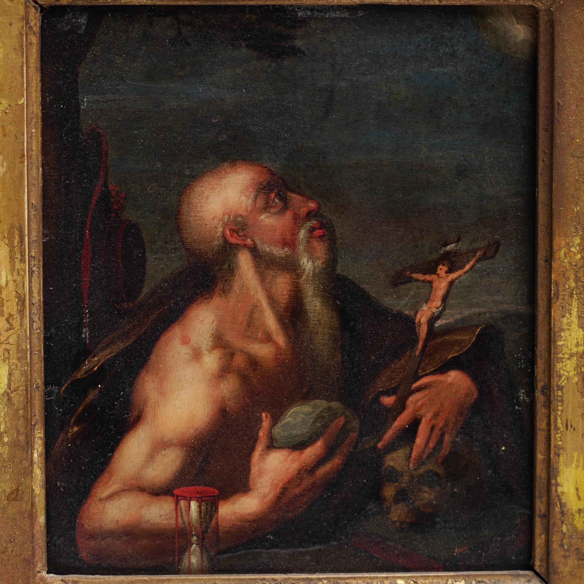 Oiled 17th century oil on copper portrait - St. Jerome For Sale