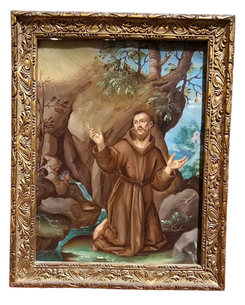 17. Jahrhundert Öl auf Kupfer - Heiliger Franz von Assisi im Angebot 5