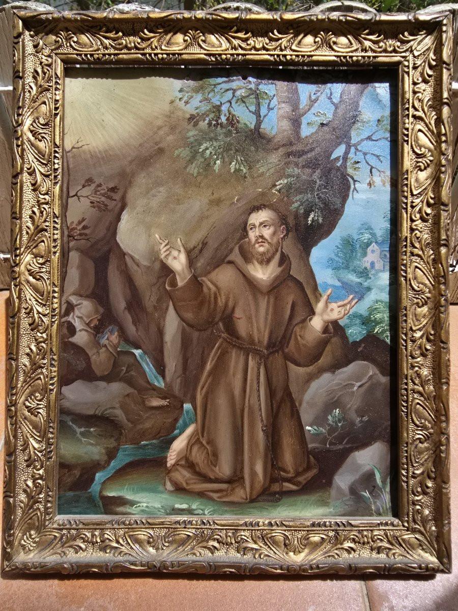 17. Jahrhundert Öl auf Kupfer - Heiliger Franz von Assisi im Angebot 2