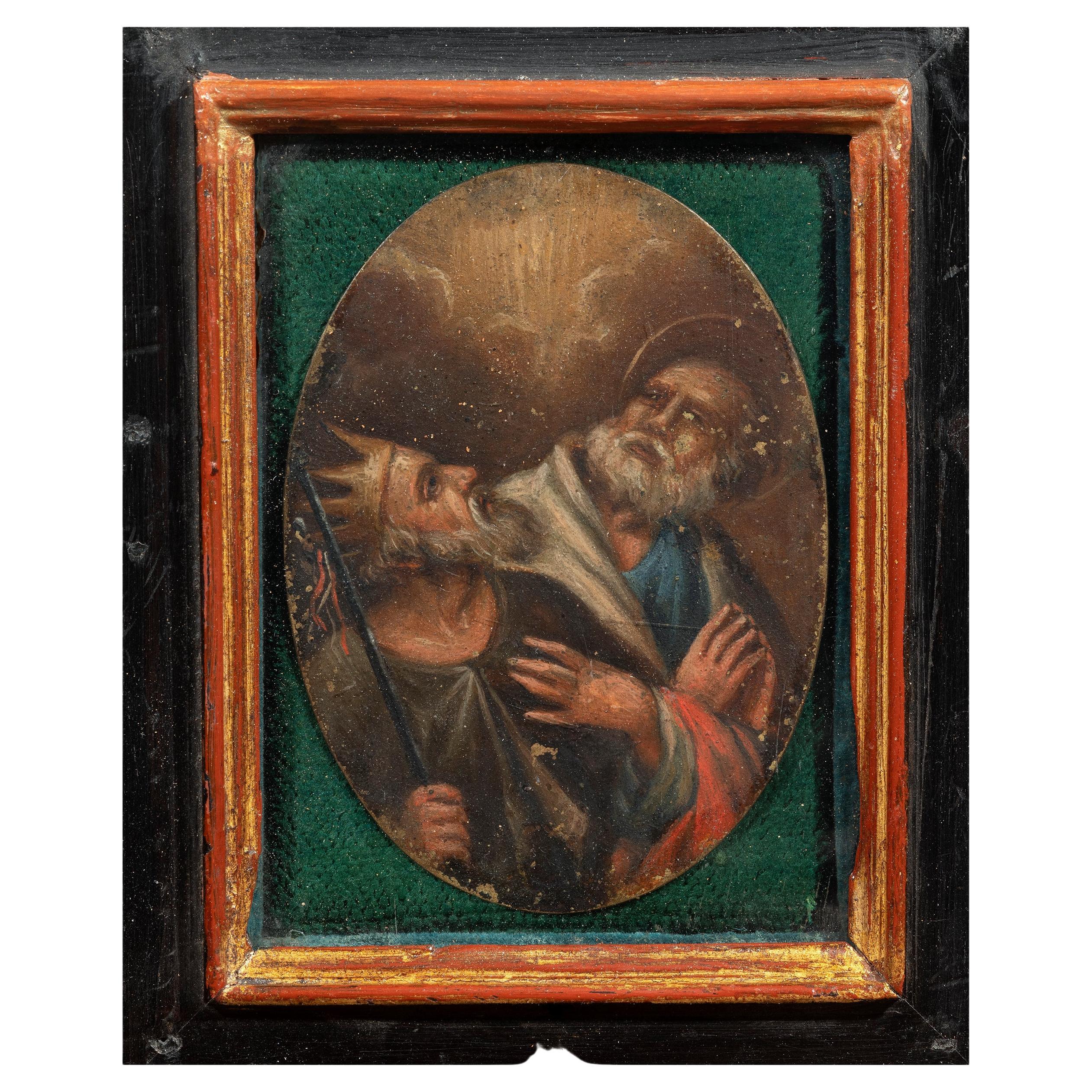 SHIPPING POLICY:
No additional costs will be added to this order.
Shipping costs will be totally covered by the seller (customs duties included). 


Miniature on copper depicting Saint Joseph and King David in antique black wood frame.
 