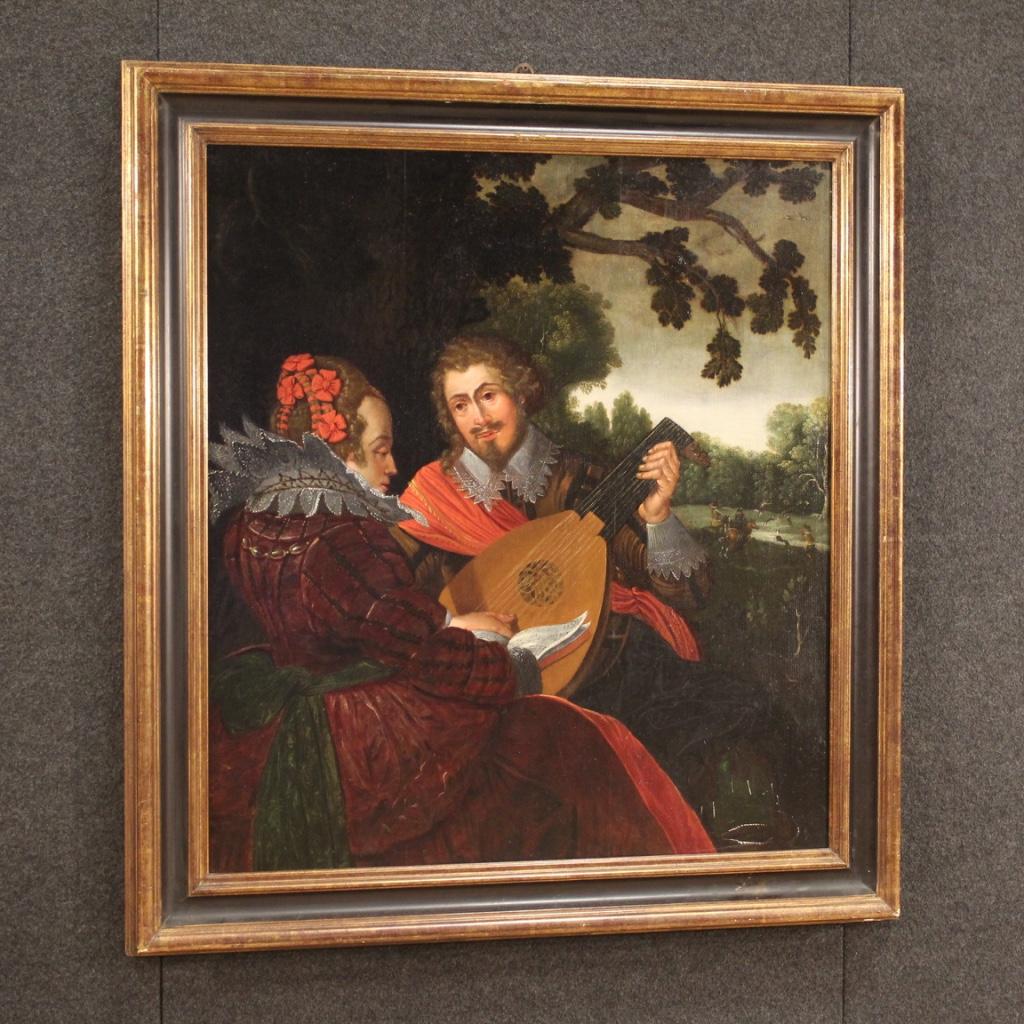 17th Century Oil on Oak Panel Flemish Gallant Scene Painting, 1670 For Sale 5
