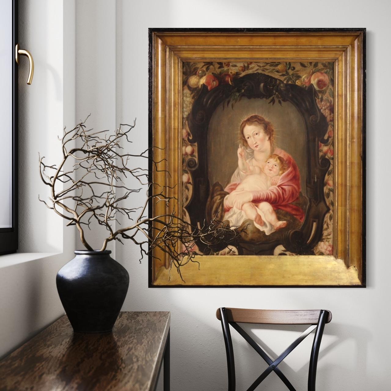 17th Century Oil on Panel Antique Flemish Painting Madonna with Child, 1670 For Sale 9