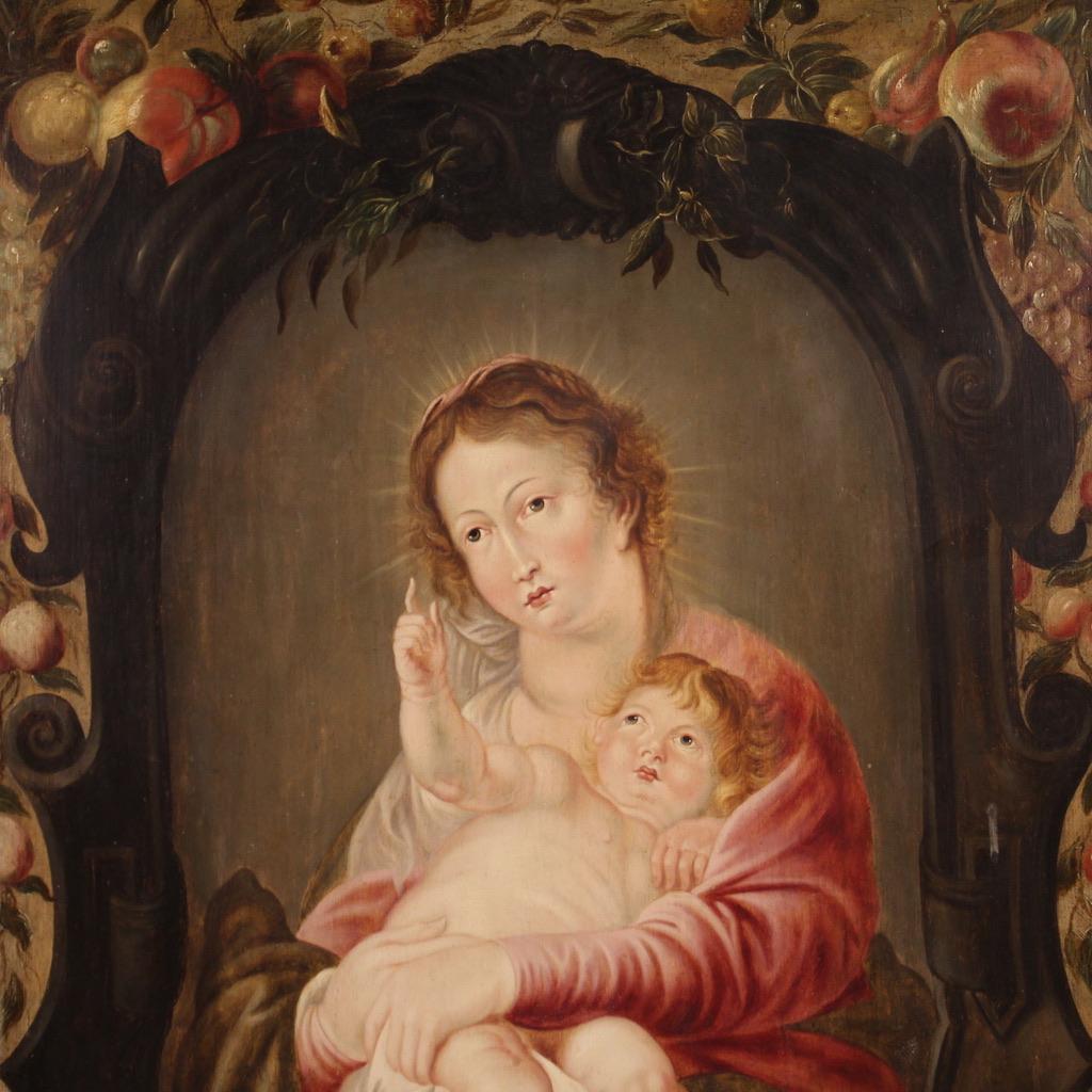 17th Century Oil on Panel Antique Flemish Painting Madonna with Child, 1670 In Good Condition For Sale In Vicoforte, Piedmont