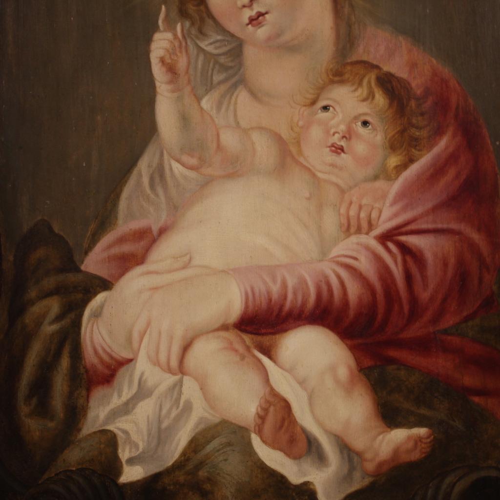 Wood 17th Century Oil on Panel Antique Flemish Painting Madonna with Child, 1670 For Sale