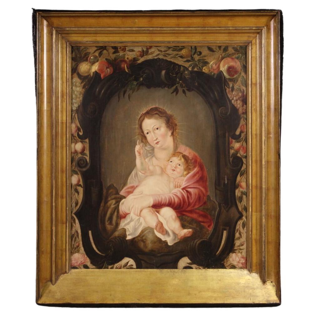17th Century Oil on Panel Antique Flemish Painting Madonna with Child, 1670 For Sale