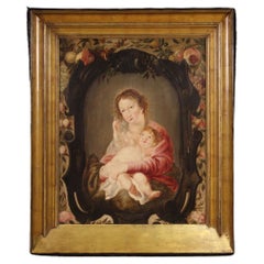 17th Century Oil on Panel Antique Flemish Painting Madonna with Child, 1670