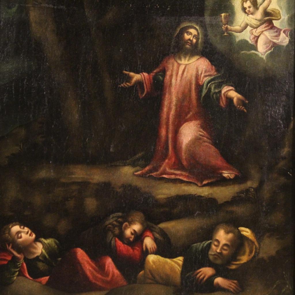 Antique Italian painting from the 17th century. Oil on panel framework depicting a religious subject Prayer in the garden of olives of good pictorial quality. Painting with a dark background characterized by a pleasant use of light and color in the