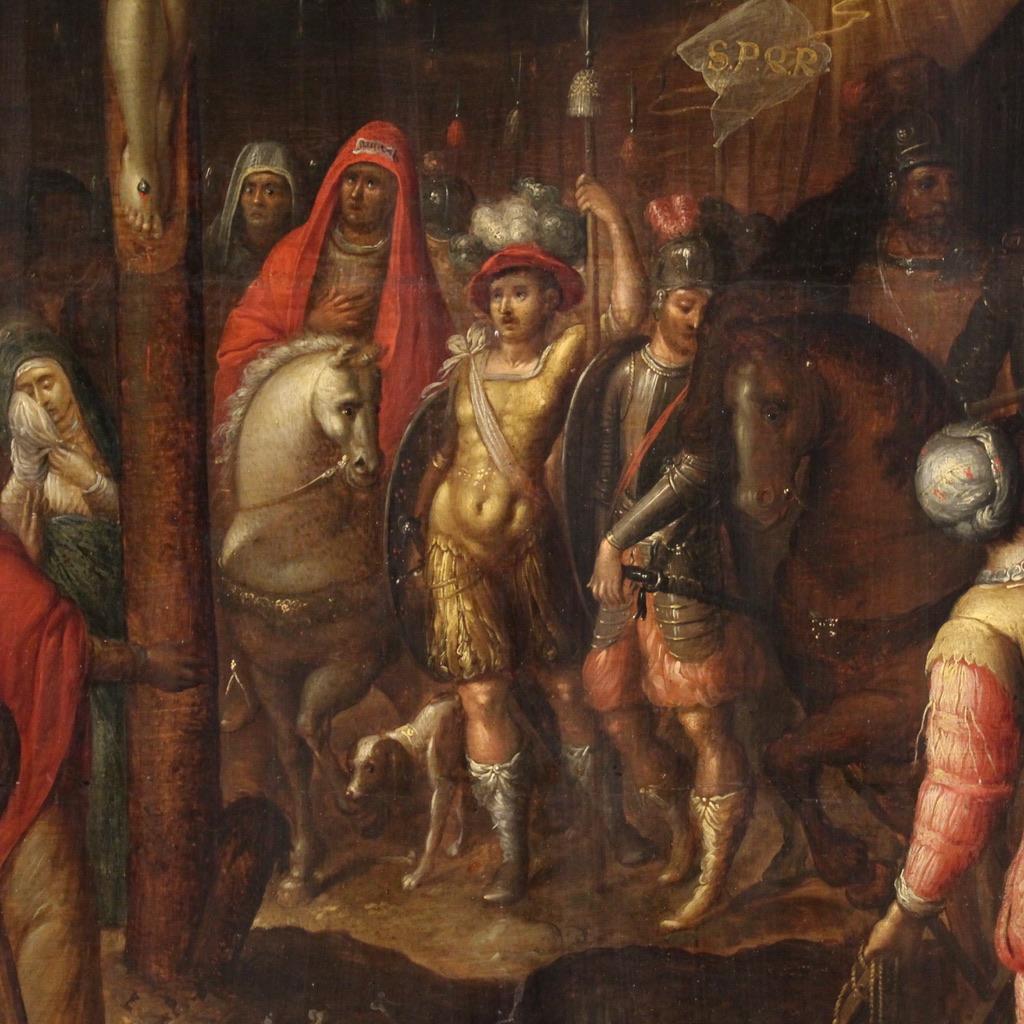 17th Century Oil on Panel Flemish Antique Painting Crucifixion on Mount Calvary 4