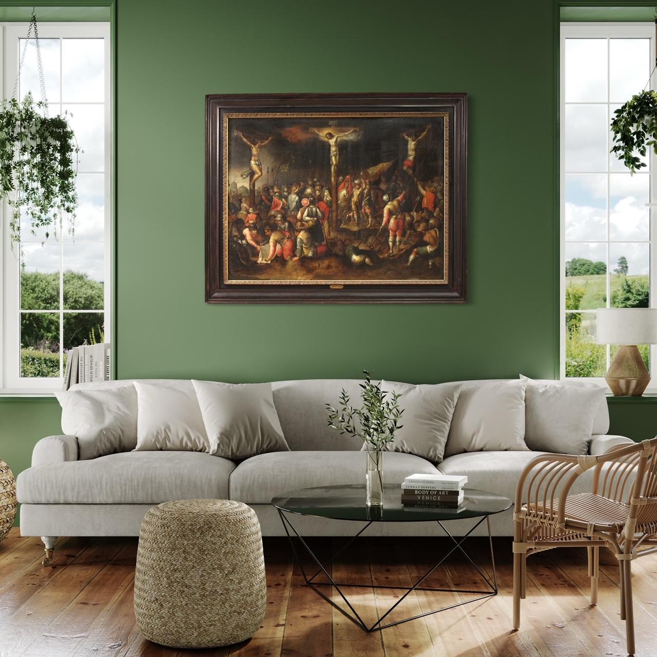17th Century Oil on Panel Flemish Antique Painting Crucifixion on Mount Calvary 6