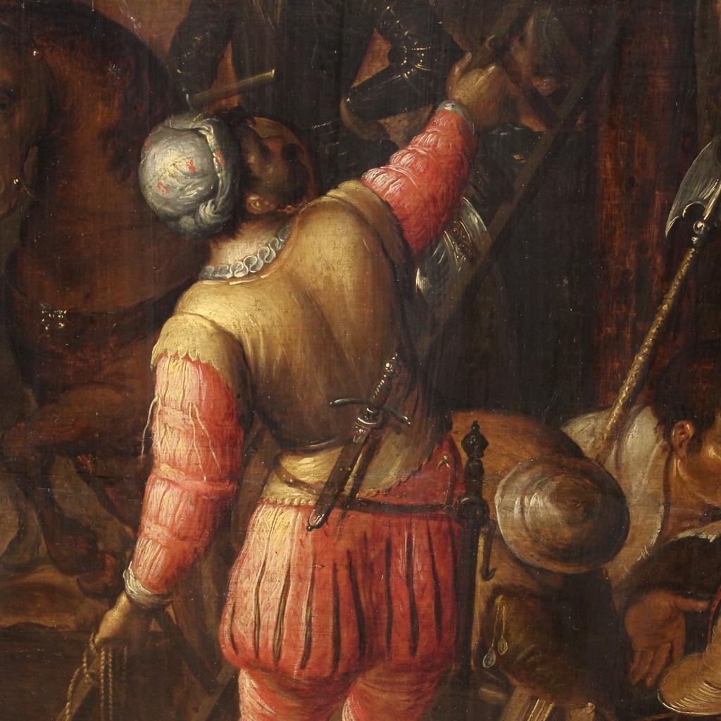 17th Century Oil on Panel Flemish Antique Painting Crucifixion on Mount Calvary 8