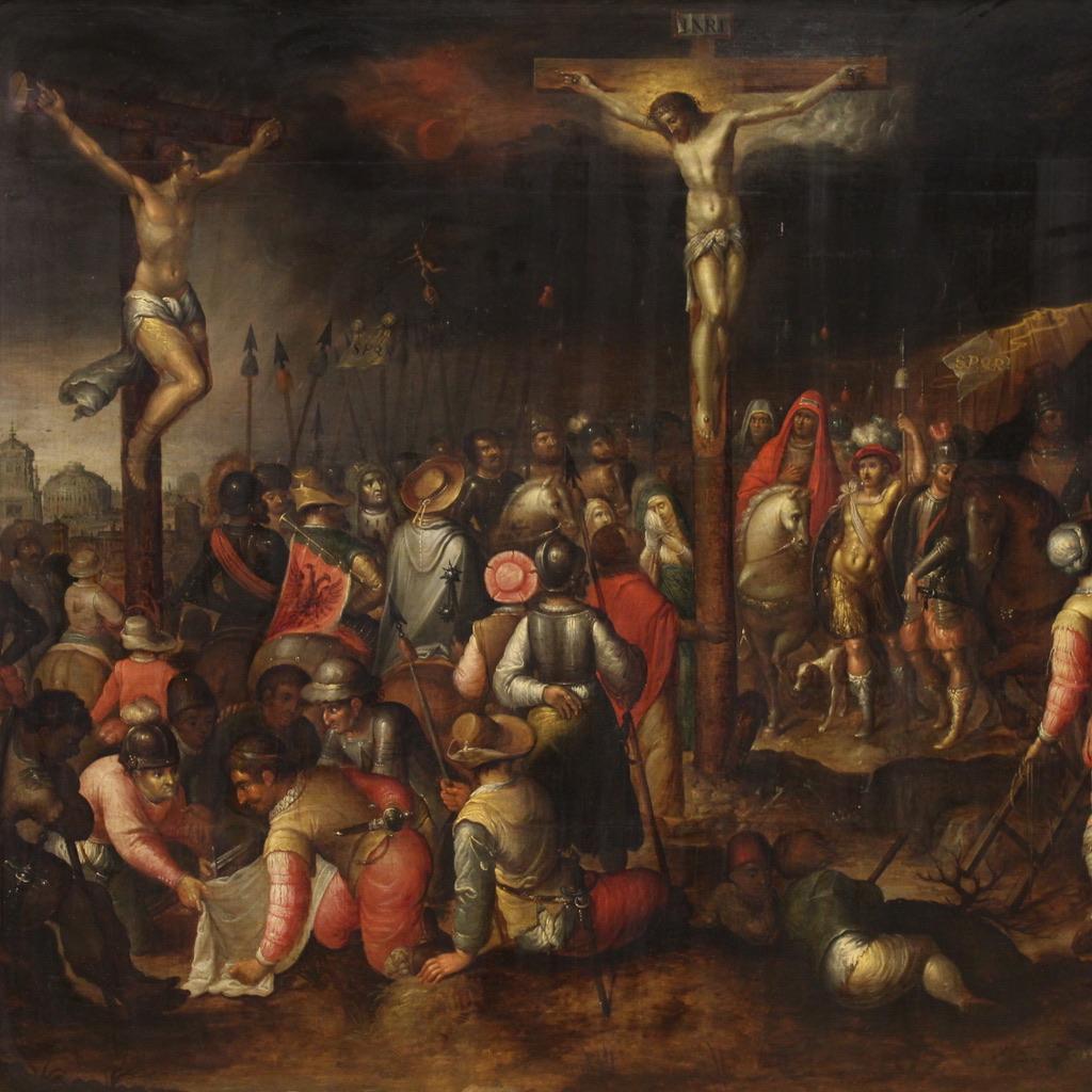 Antique Flemish painting from the first half of the 17th century. Oil on panel artwork attributable to the workshop of the painter Ambrosius Francken II (1581-1632), lacking authentication. A pupil of his father, he worked mainly in Antwerp and