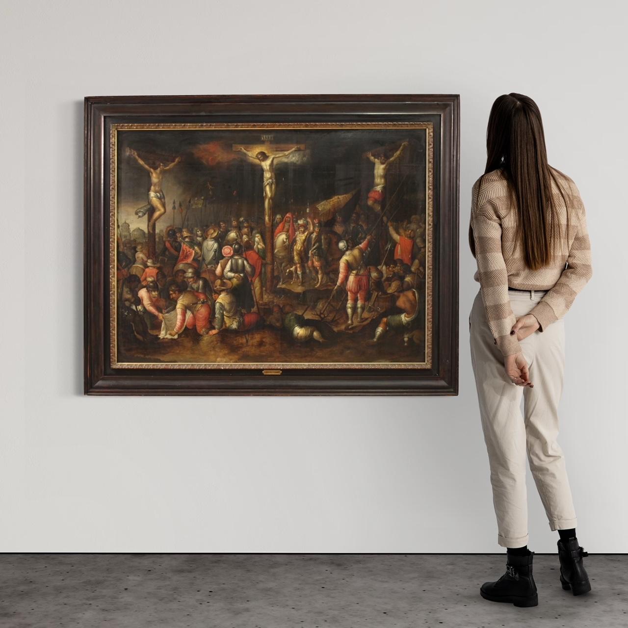 Dutch 17th Century Oil on Panel Flemish Antique Painting Crucifixion on Mount Calvary