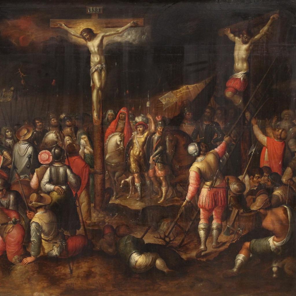 Oiled 17th Century Oil on Panel Flemish Antique Painting Crucifixion on Mount Calvary
