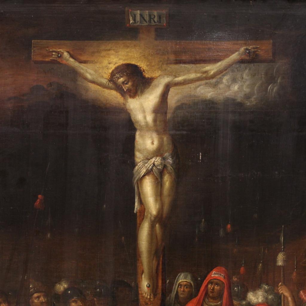17th Century Oil on Panel Flemish Antique Painting Crucifixion on Mount Calvary In Good Condition In Vicoforte, Piedmont