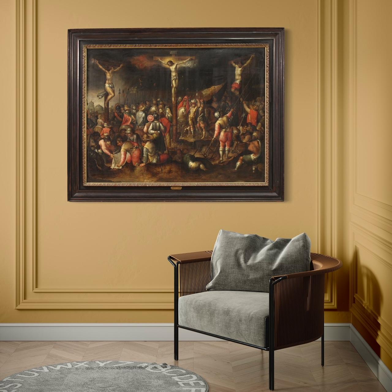 Early 17th Century 17th Century Oil on Panel Flemish Antique Painting Crucifixion on Mount Calvary