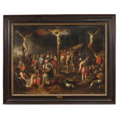 17th Century Oil on Panel Flemish Antique Painting Crucifixion on Mount Calvary