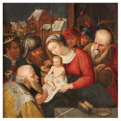 17th Century Oil on Panel Flemish Antique Painting The Adoration of Magi, 1640