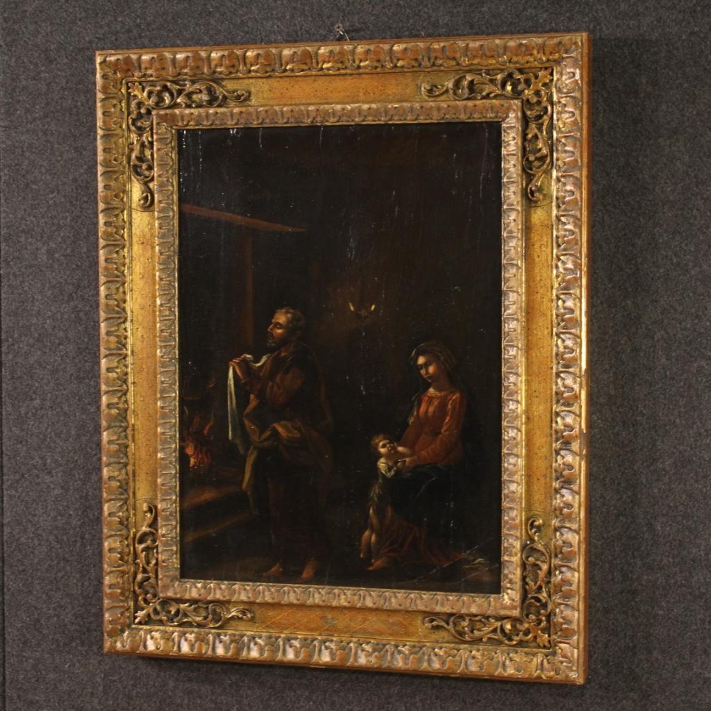 Wood 17th Century Oil on Panel Flemish Antique Religious Painting Holy Family, 1660