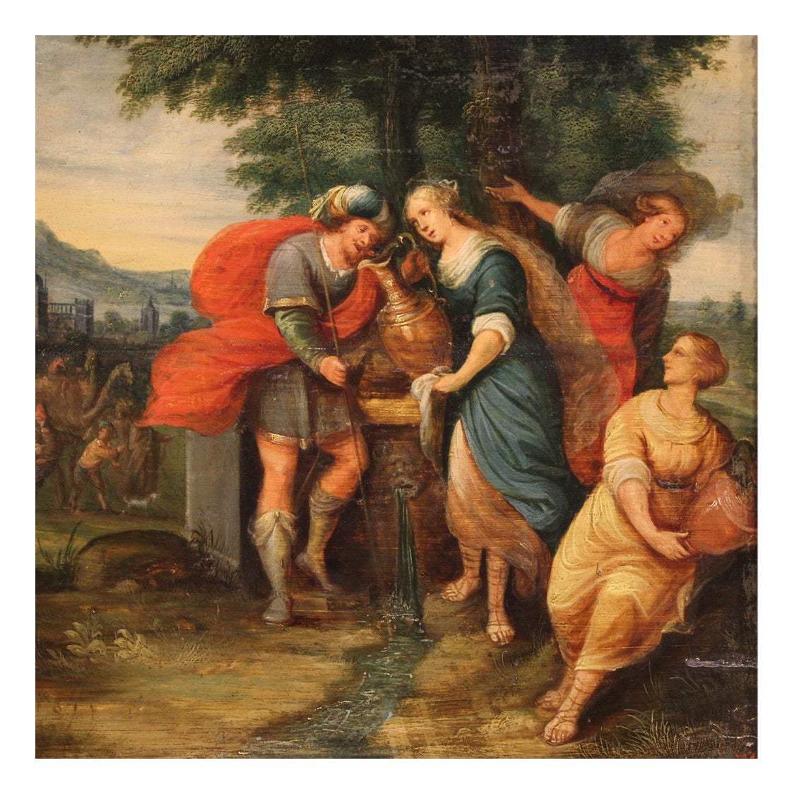 17th Century Oil on Panel Flemish Biblical Painting Rebecca at the Well, 1670