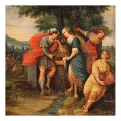 17th Century Oil on Panel Flemish Biblical Painting Rebecca at the Well, 1670