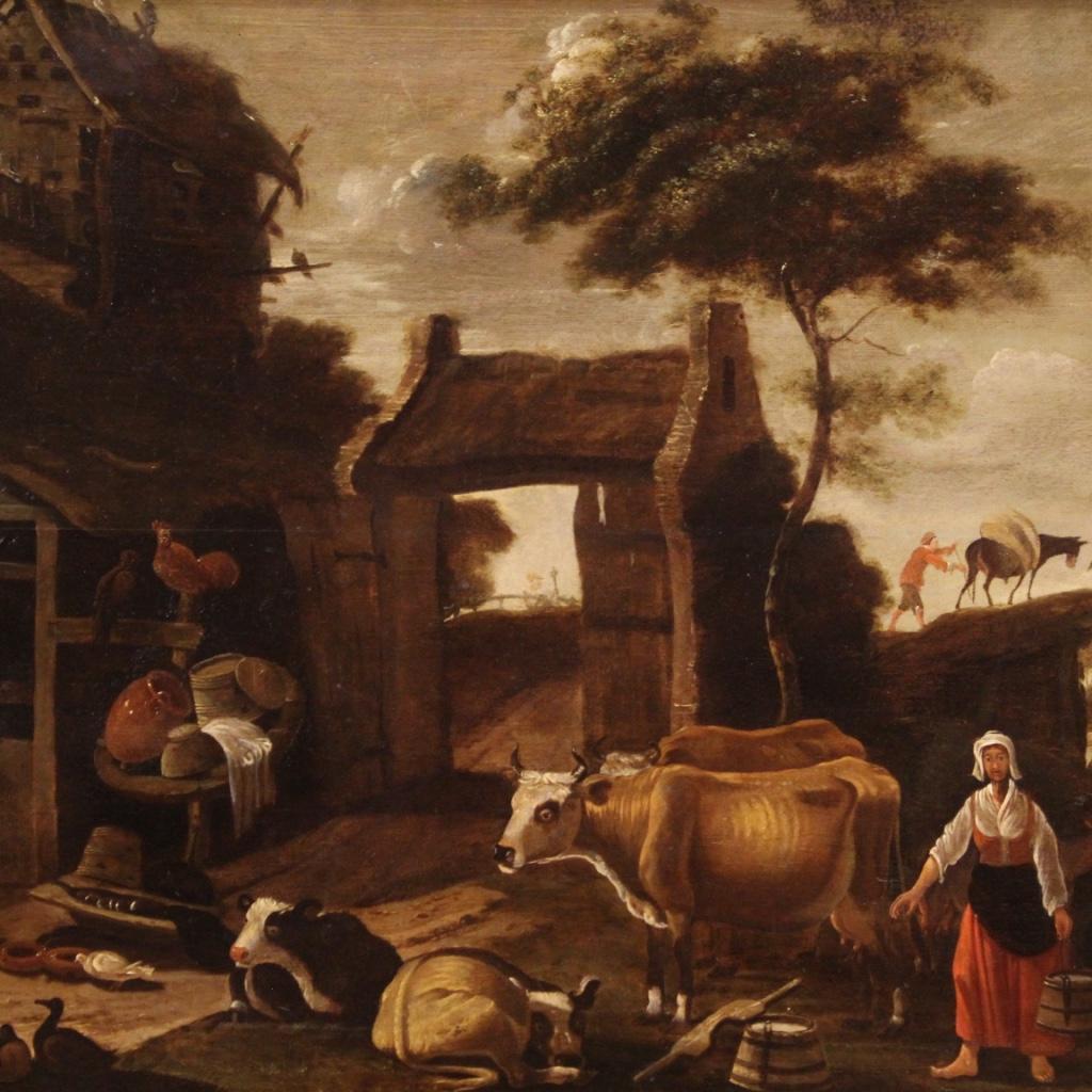 Antique Flemish painting from the 17th century. Framework oil on panel depicting a countryside landscape with peasants, cows and farm animals. Panel of good size and pleasant impact for antique dealers, interior decorators and collectors of Flemish