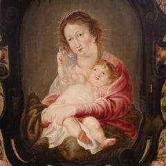 17th Century Oil on Panel Flemish Religious Painting Madonna and Child, 1670