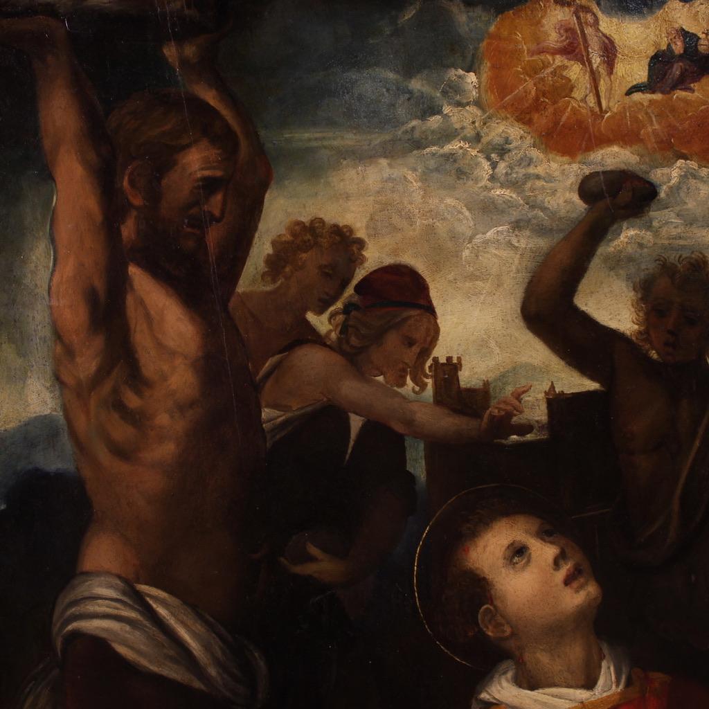 17th Century Oil on Panel Italian Religious Painting Martyrdom of Saint Stephen in vendita 4