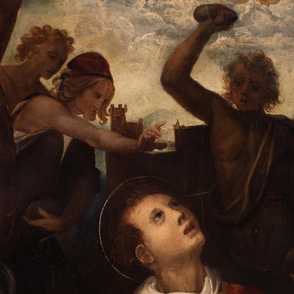 17th Century Oil on Panel Italian Religious Painting Martyrdom of Saint Stephen in vendita 5