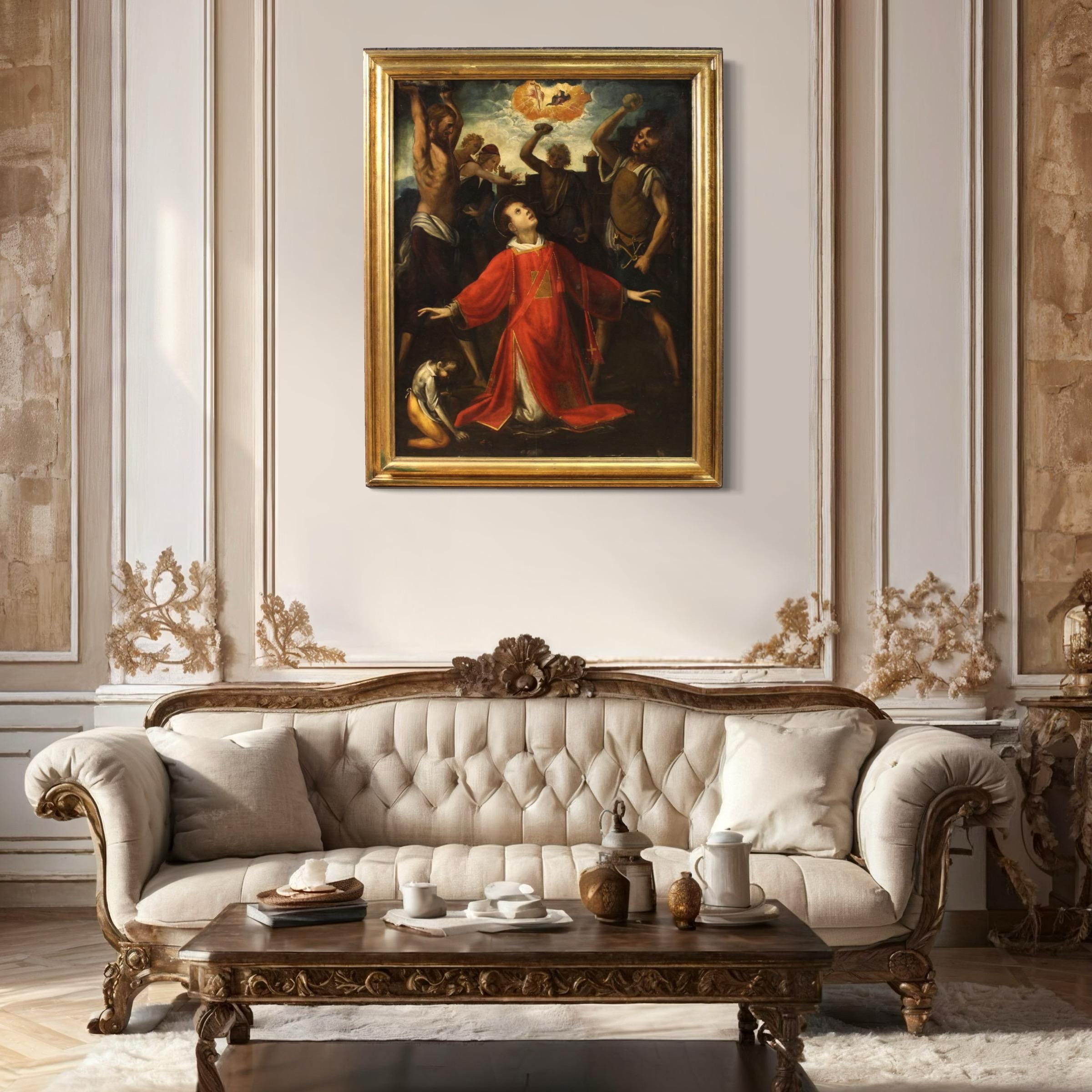 17th Century Oil on Panel Italian Religious Painting Martyrdom of Saint Stephen in vendita 7