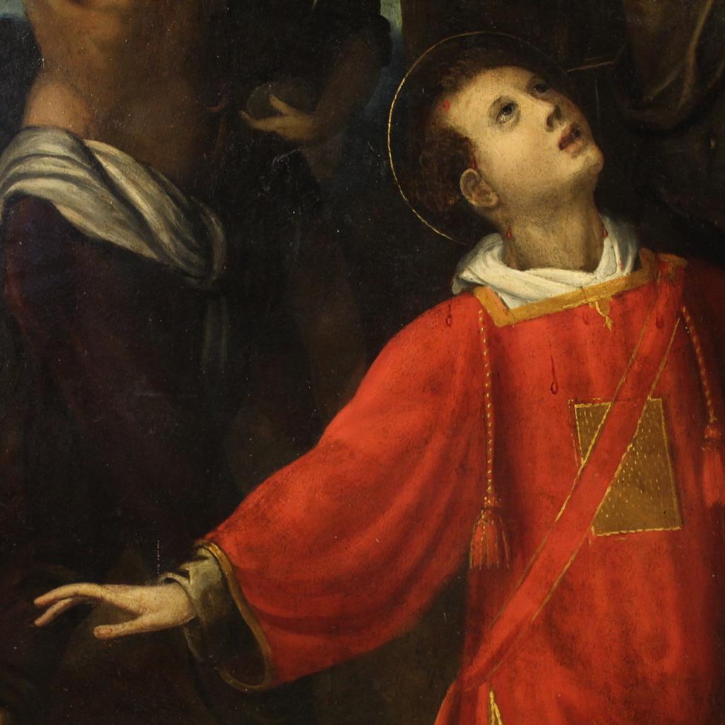 17th Century Oil on Panel Italian Religious Painting Martyrdom of Saint Stephen in vendita 9