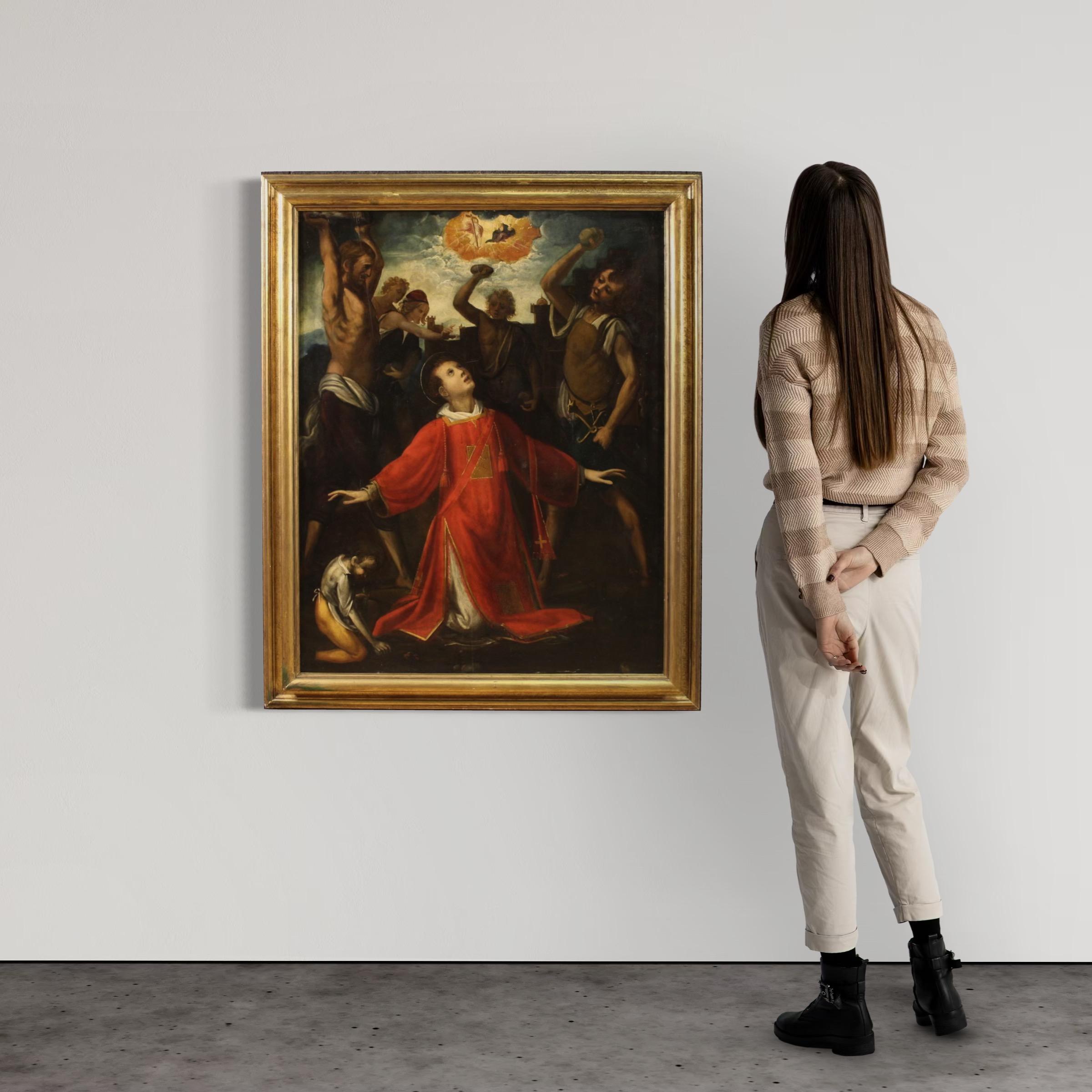 Rare Italian religious painting from the first half of the 17th century. Oil on panel artwork depicting the martyrdom of Saint Stephen, difficult to find. At the centre of the composition we find the first Christian martyr, with the traditional red
