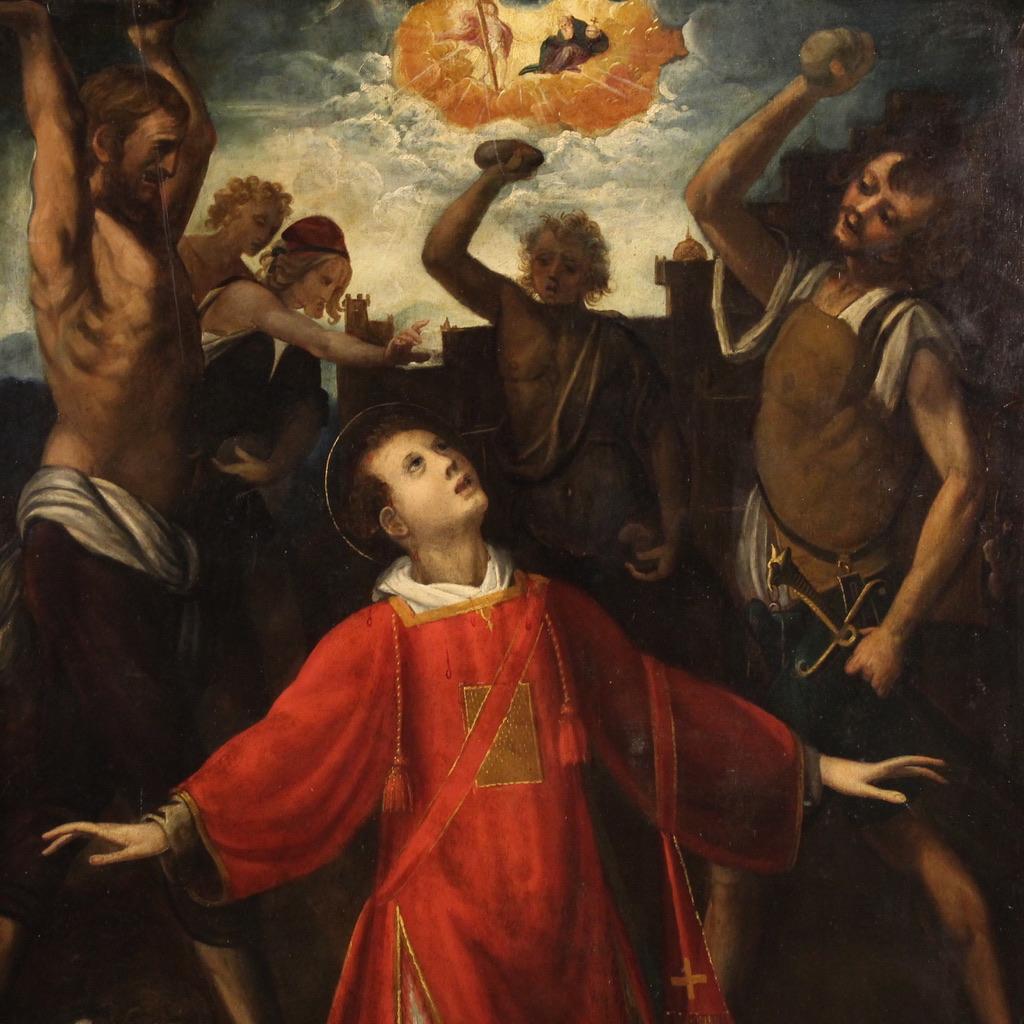 A olio 17th Century Oil on Panel Italian Religious Painting Martyrdom of Saint Stephen in vendita