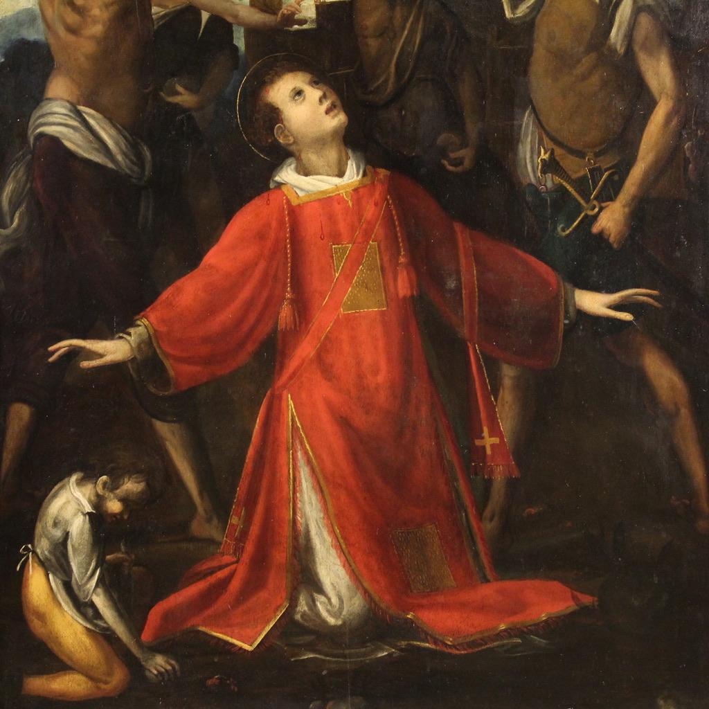 Early 17th Century 17th Century Oil on Panel Italian Religious Painting Martyrdom of Saint Stephen in vendita