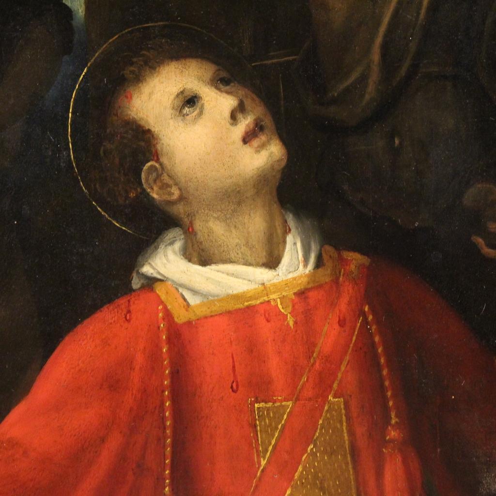 Legno 17th Century Oil on Panel Italian Religious Painting Martyrdom of Saint Stephen in vendita