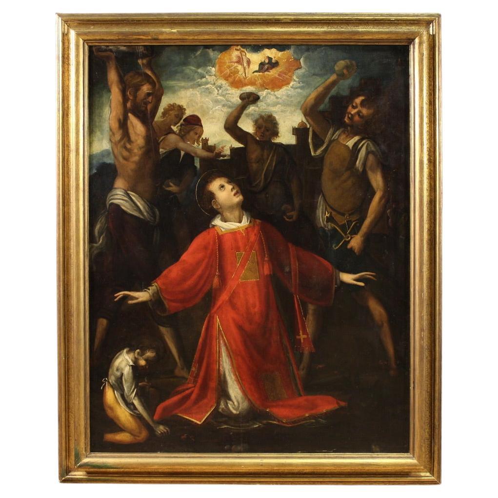 17th Century Oil on Panel Italian Religious Painting Martyrdom of Saint Stephen in vendita