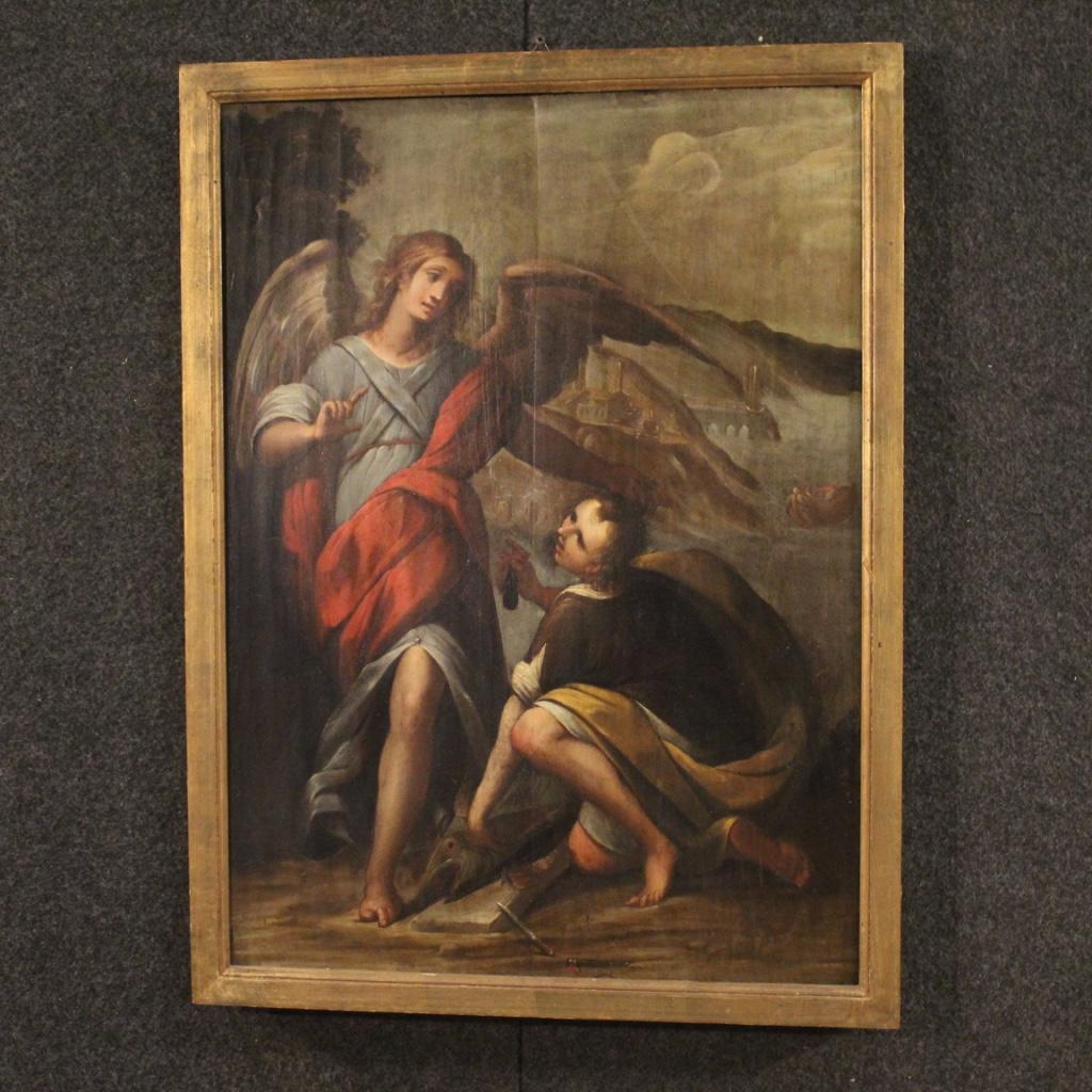 17th Century Oil on Panel Italian Religious Painting Tobias and the Angel, 1660 5