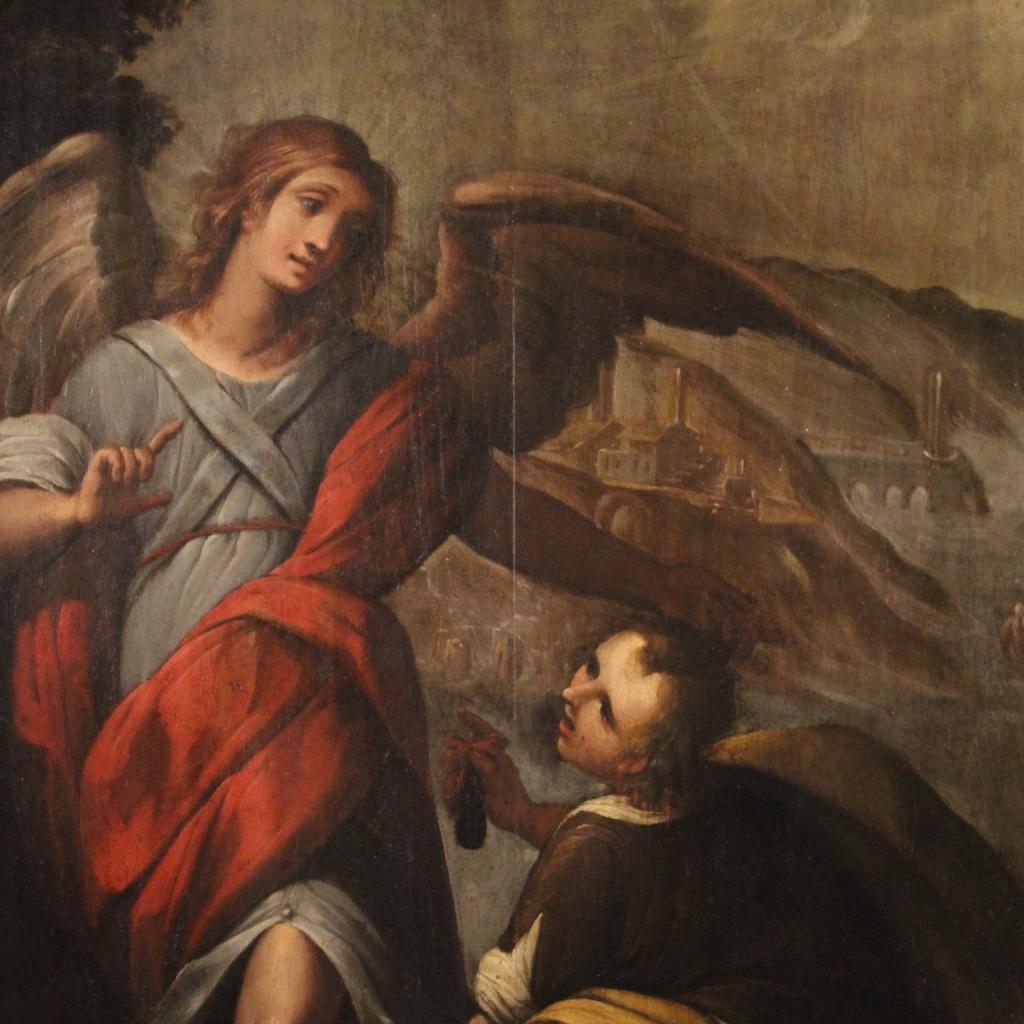 Antique Italian painting from 17th century. Oil painting on panel depicting the subject of sacred art Tobias and the Angel of excellent pictorial quality. Painting referable to the painter Antonio Busca (1625-1686), without authenticity, attributed