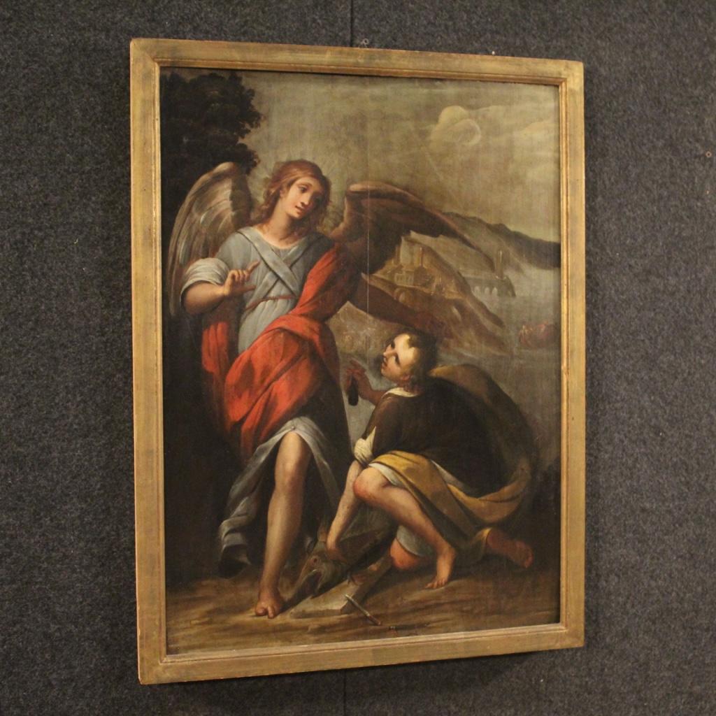 17th Century Oil on Panel Italian Religious Painting Tobias and the Angel, 1660 In Good Condition In Vicoforte, Piedmont